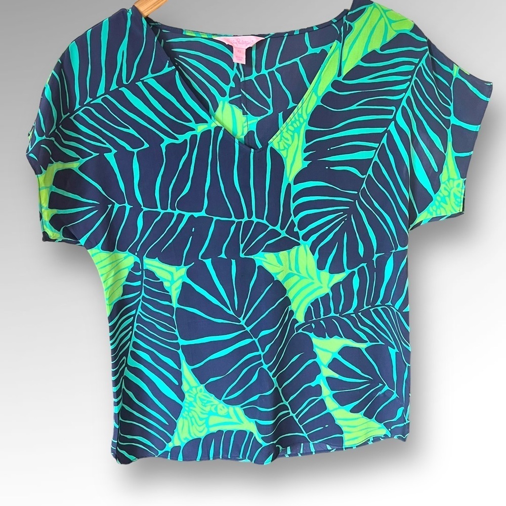 Lilly Pulitzer Sz XS Blue Green Zebra Multi Color Print Short Sleeve Silk Blouse